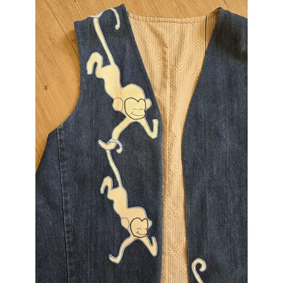 Handmade Vintage 80's Dark Wash Upcycled Denim Patchwork Cute Monkeys Vest L/XL - Picture 2 of 6
